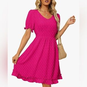 OFEEFAN Women Dress V Neck Short Sleeve Swiss Dot Mini Dress w/Pockets Size XL